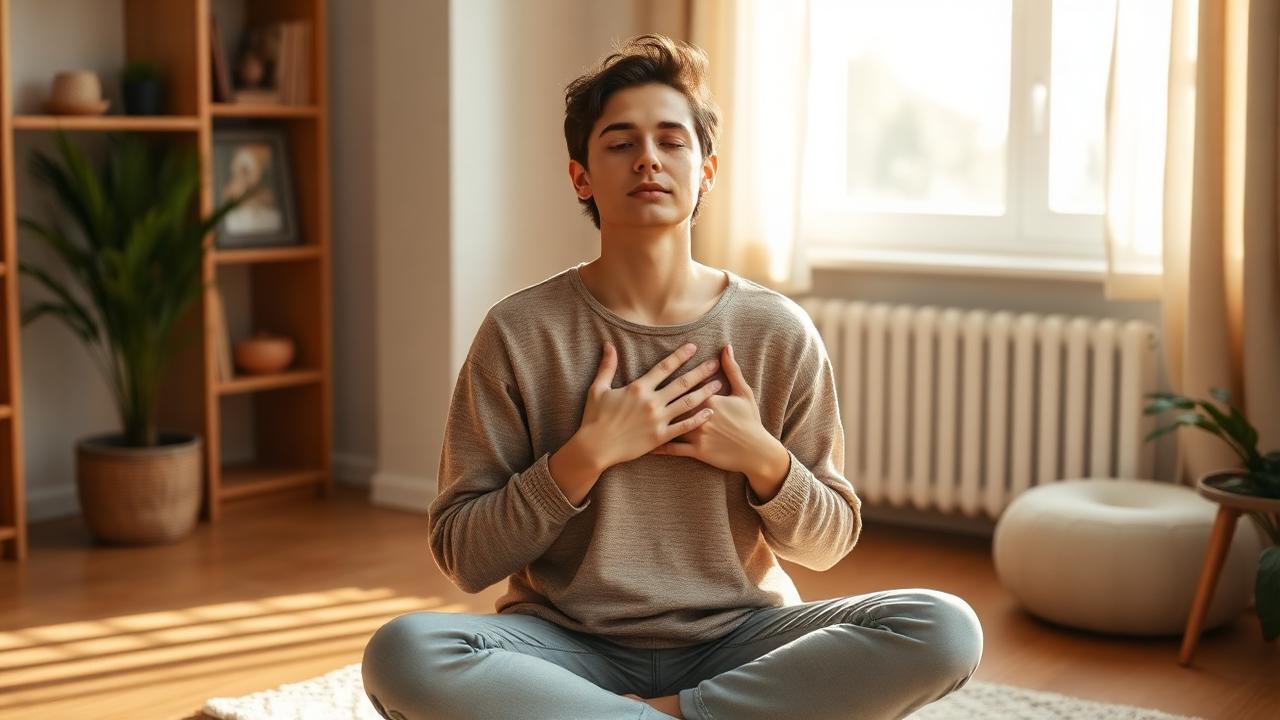 Osoba siedząca w spokojnym pomieszczeniu, praktykująca świadome przeżywanie emocji - ilustracja do artykułu o 5 krokach pracy z emocjami